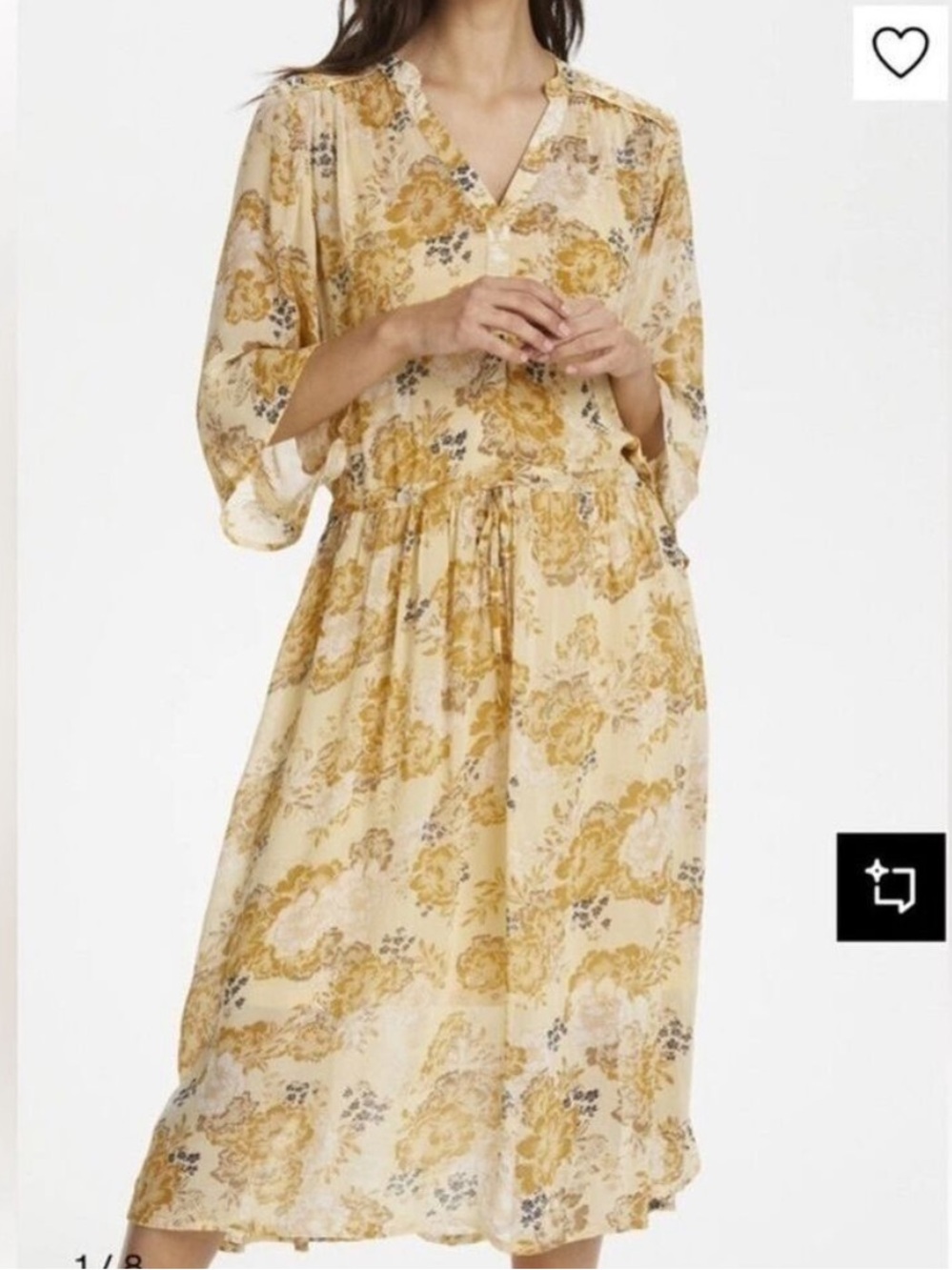 Part Two Copenhagen Chic Floral Midi Dress in Cream and yellow lined size 38
